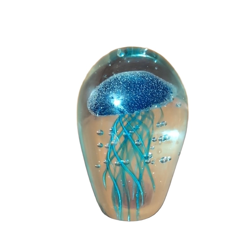 Blue Clear Glass Jellyfish Paperweight Internal Air Bubbles 3" Tall